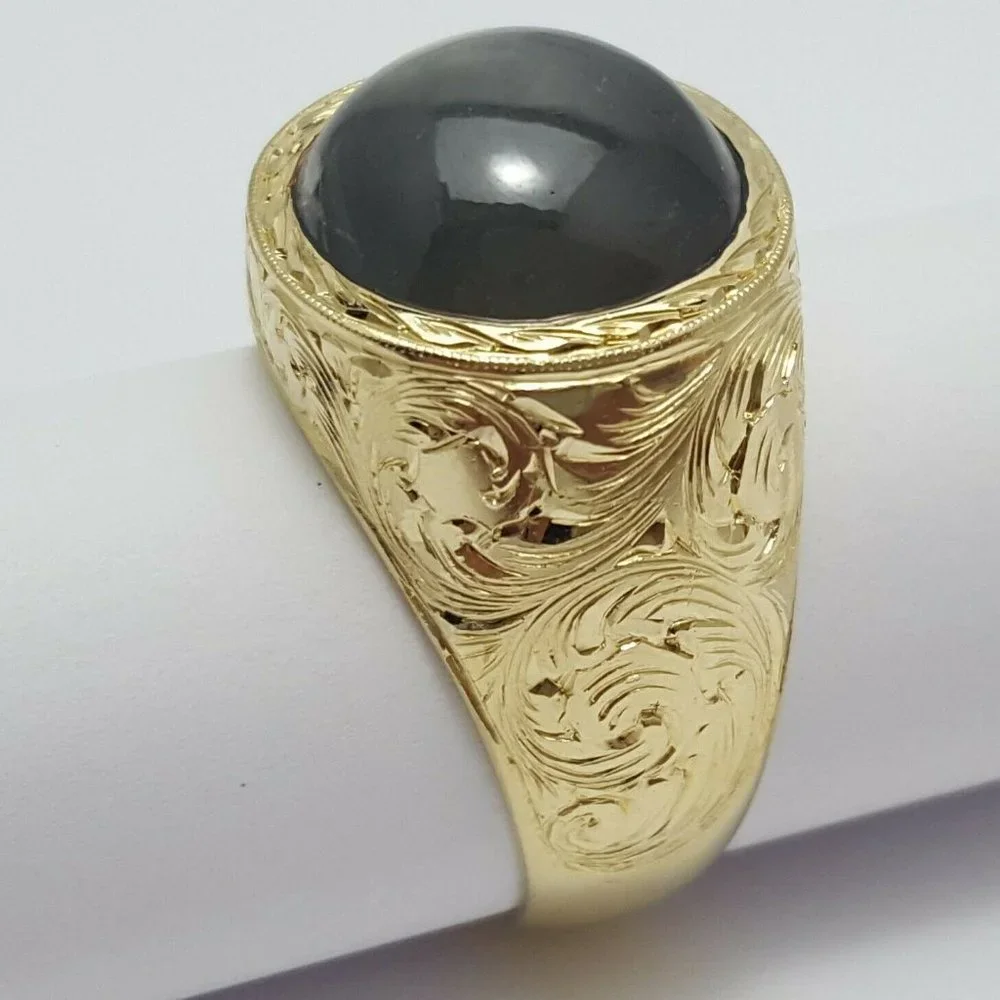 Yellow Gold 18K Karat Designer Gold Ring w/ Greenish Gray Sapphire GIA Certified